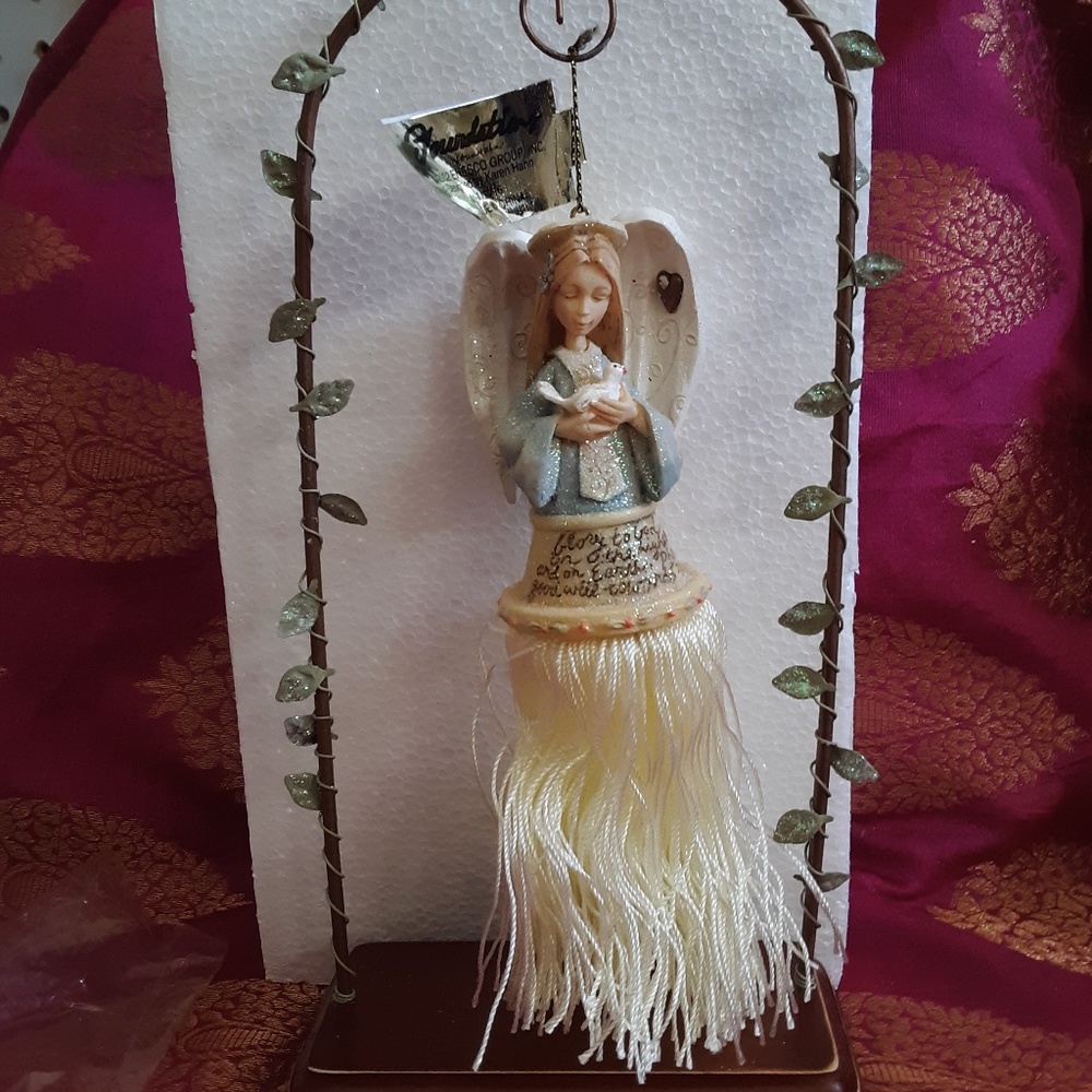 Enesco Foundations Figurine Tassel Angel w Dove Doll Ornament &  Stand NIB